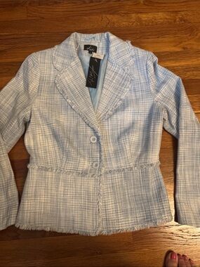 Vintage Kaity Powder Blue Tweed Two-Button Blazer frayed edges women’s size L 12